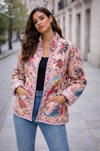 Indian Handmade Pink Cotton Quilted <b>Jacket</b> Kantha Stitch Winter Coat Floral Print Boho Short Cardigan Vintage Reversible <b>Blazer</b> - Product Image 6