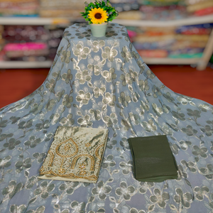 Tela Formal para Vestido de Boda, Jacquard de Sarga Lisa, Diseño Floral con Brillo Plateado sobre Base Azul, para Eventos Especiales - Product Image 1