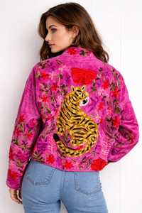Veste Femme en Velours Rose Brodée Main Motif Tigre, Style Bohème Unique et Artistique, Motif Floral Suzani, Manteau Bohème Tendance pour Femme - Product Image 2