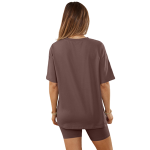 Conjuntos de Ropa Casual para Mujer, 100% Algodón, Diseño Personalizado con Logotipo, Patrón Sólido, Servicio OEM, Camiseta Holgada y Pantalones Cortos, Conjunto de 2 Piezas - Product Image 6