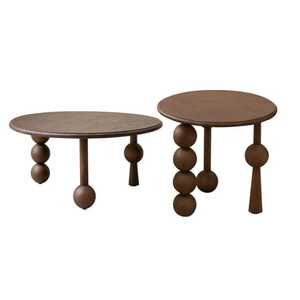 Juego de mesas de centro modernas de madera de nogal oscuro con patas de bobina únicas, mesas auxiliares nido y mesa auxiliar redonda para sala de estar de diseño. - Product Image 1