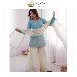 ชุดสูทชาราร่าผ้าไหมเฟนดี้ คอลเลคชั่นนักออกแบบเสื้อผ้าอินเดียสุดหรู พร้อมงานปักเลื่อมและผ้าคลุมไหล่ ขนาดใหญ่พิเศษ - Product Image 5