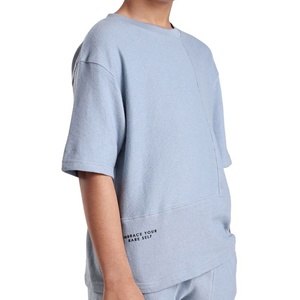 T-shirt asymétrique pour enfants en coton épais, coupe oversize, bleu clair, épaules tombantes - Product Image 3