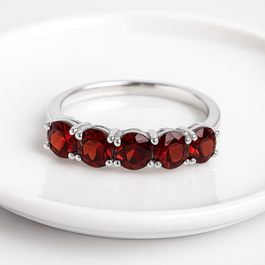 925 Sterling <b>Silver</b> Rhodium-Plated 5 <b>Garnet</b> Engagement Wedding <b>Ring</b> Trendy Anniversary Gift Jewelry Red Gemstone Jewelry - Product Image 1
