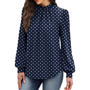 <b>Women</b> Polyester Chiffon <b>Navy</b> Polka Dot Long Sleeve Button Shirt Custom Dress Work Blouse with Elegant Office Styling - Product Image 1