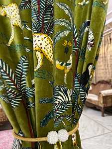 Vintage Cotton Velvet Curtain Olive Green Forestry Print Boho Style Floral Print Luxury Cotton Velvet - Product Image 4