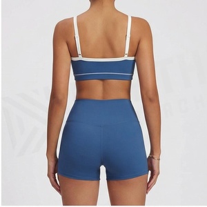 North Approach 2 Piece Yoga Set Blue Solid Spaghetti Strap Crop Top High Waist Shorts Breathable Seamless Sportswear - Product Image 2