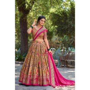 Tussar Silk & Kalamkari Print Wedding Wear Lehenga Choli With Dupatta - Product Image 4