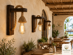Lampe murale rustique en bois de pin et corde de jute, fabriquée à la main au Vietnam, vente en gros pour chambre, salon, bar - Product Image 4