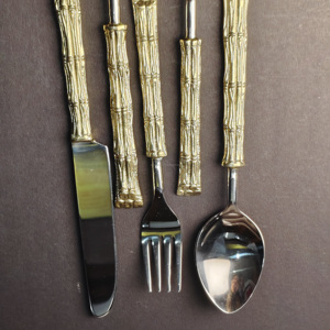 Ensemble de couverts en bambou doré avec manche articulé, style naturel créatif, acier inoxydable, 5 pièces, design bambou, vaisselle de table - Product Image 3