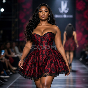 Mini-robe corset en satin rouge et dentelle noire pour femme |   Robe de soirée gothique évasée sans bretelles à col cœur - Product Image 4