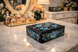 Boîte à bijoux de luxe écologique moderne en marbre noir avec incrustation turquoise, boîte de rangement artisanale en pierres semi-précieuses - Product Image 3