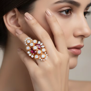 Anillo de Cóctel Grande con Racimo Floral de Diamantes y Rubíes en Oro de Lujo para Mujer, Regalo de Joyería para Boda - Product Image 1
