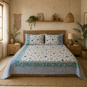Jaipur Handmade Block Printed Intricate Floral Breathable Eco-Friendly Bedsheet Set 3 PC <b>King</b> <b>Size</b> 100% Cotton 200TC Machine - Product Image 5