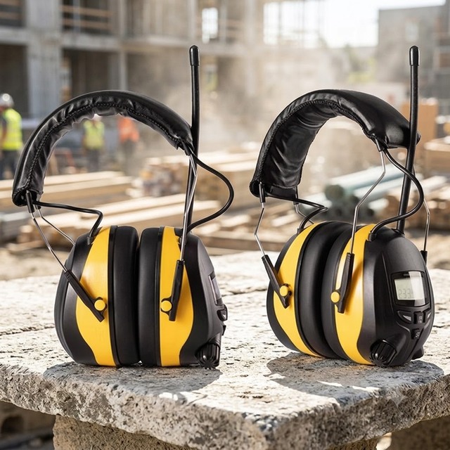 Radio Earmuffs Yellow Black with LCD Display Antenna AM FM Tuning Knob for Workshop Construction Industrial Safety Use