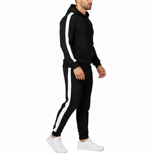 Conjunto deportivo clásico para hombre con franja lateral, sudadera con capucha y pantalones en negro y blanco, ropa informal para gimnasio, traje para correr. - Product Image 2
