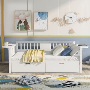เตียงนอนกลางวันสีขาวขนาดเต็มพร้อมลิ้นชักไม้2ลิ้นชักเตียงรองรับ - Product Image 1