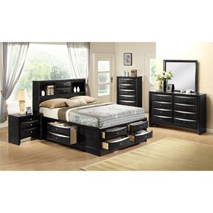 Contemporary 1pc Queen Captain Platform Bed with <b>Bookcase</b> Shelves and Side Storage <b>Solid</b> <b>Wood</b> Bedroom Furniture in Black - Product Image 6