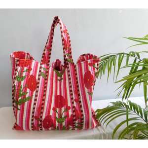Sac fourre-tout en coton fait main imprimé floral SR Exports avec fermeture éclair, réutilisable, pour la plage ou le shopping, style bohème indien, à porter à l'épaule - Product Image 1