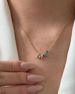 Toi Et Moi Custom Name Jewelry Solitaire Bezel Emerald Aquamarine Lab Grown Diamond <b>Initial</b> Pendant <b>Necklaces</b> 14k 18k Solid Gold - Product Image 6