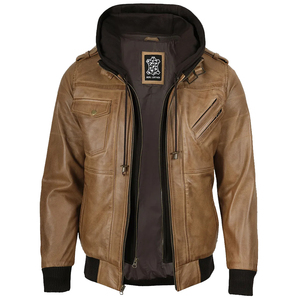 Veste en cuir marron pour homme de qualité supérieure avec capuche amovible, coupe ajustée, style vintage, veste de motard, veste bomber, manteau d'hiver décontracté - Product Image 4