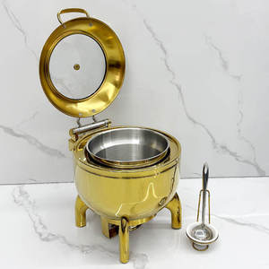 ถาดอุ่นอาหารบุฟเฟ่ต์ทรงกลมสแตนเลสหรูหรา สีทอง พร้อมขาตั้งแบบเสาประดับตกแต่ง ฝาแก้ว สำหรับงานแต่งงานและจัดเลี้ยง - Product Image 1