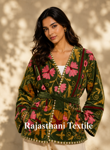 Pink Suzani Embroidered Knitted Velvet Quilted Reversible Bomber <b>Jacket</b> Vintage <b>Hippie</b> Style Autumn Winter Breathable Nylon Wool - Product Image 4