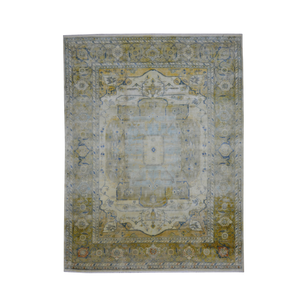 Hand Knotted Traditional Yellow Blue Wool Area <b>Rug</b> Low Pile Vintage Oriental Medallion Carpet - Product Image 2