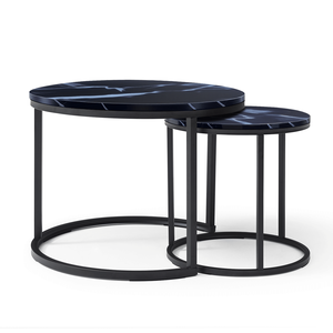 <b>Set</b> of 2 Circular <b>Marble</b> Pattern Wooden <b>Coffee</b> <b>Tables</b> with Black Frame and Top for Living Room Bedroom Apartment Tea <b>Table</b> Use - Product Image 3