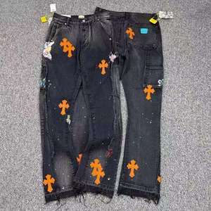 Western High Street Loose Straight Blue Embroidered Washed Denim Pants Diamond Print Retro Hip Hop Style <b>Jeans</b> - Product Image 4