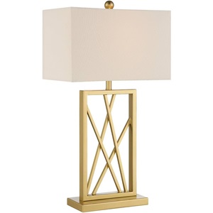 Lámpara de Mesa Metálica Monarch de Doble Pilar con Marco de Hierro Abierto, Pantalla Rectangular de Lino Premium, Iluminación Ambiental Cálida para Hogares Modernos - Product Image 4
