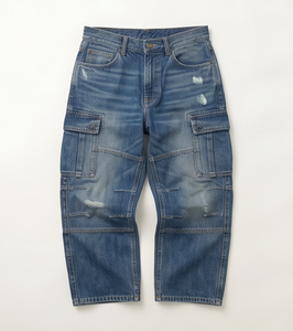 Jeans Cargo Azules para Hombre, Mezclilla de Algodón de Peso Medio, Desgastados, Corte Regular, Estilo Casual para Otoño - Product Image 1