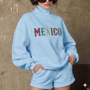 <b>Mock</b> <b>Neck</b> <b>Top</b> And Shorts Set Women Warm Cozy Comfortable Relaxed Fit Stylish Everyday Wear Outfit Modern Clothing - Product Image 1