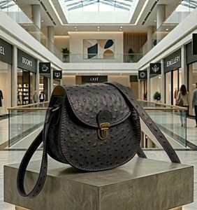 กระเป๋าหนังสะพายข้างหนังนกกระจอกเทศสีดำ ดีไซน์วินเทจ ปิดด้วยหัวเข็มขัด ขนาดสั่งทำได้ บุด้วยหนังแท้ สะพายไหล่หรือถือได้ - Product Image 5