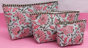 Cotton Quilted Makeup Pouch Set of 3 <b>Portable</b> Washable Breathable Foldable Travel Toiletry Bags - Product Image 3