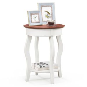 Tavolino rotondo a 2 livelli con ripiano portaoggetti e gambe in legno massello di gomma - Product Image 1