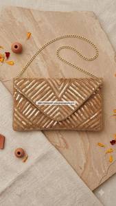 <b>Gold</b> Embroidered <b>Sequin</b> Handmade Lightweight Clutch Handbag Rectangular Evening Purse with Chain - Product Image 3