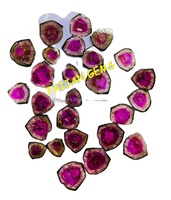 FAIJAN GEMS Ensemble collier et bracelet en tourmaline pastèque naturelle, cabochon en pierre précieuse à tranche lisse, certifié par une tierce partie, Non