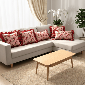 Set di 6 Federe Decorative con Volant Rosse e Bordeaux, 2x 30x50cm, 4x 45cm - Cuscini Decorativi e da Divano - Product Image 4