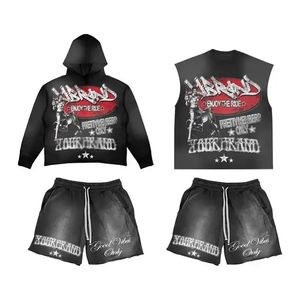 Ensemble short et t-shirt unisexe 2026 personnalisé, style streetwear, 100 % coton, respirant, effet délavé, sérigraphie, logo personnalisé, effet vieilli - Product Image 4