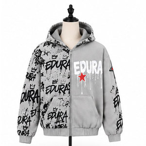 Sweat à capuche zippé personnalisé avec motif imprimé DTG, en tissu éponge épais polyester/coton, effet vieilli, délavé à l'acide, vintage, respirant, pour l'hiver - Product Image 1