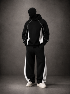 Ensemble de survêtement deux pièces pour homme personnalisé : sweat à capuche oversize et pantalon de jogging large noir et blanc, style streetwear - Product Image 1