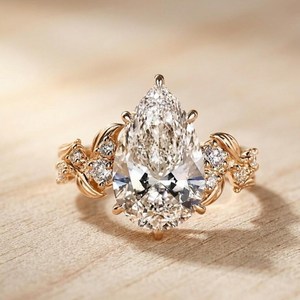 Bague de mariage en or massif 10K 14K 18K avec diamant de laboratoire certifié IGI, couleur DEF, clarté VS VVS, taille poire et ronde, motif feuille - Product Image 2