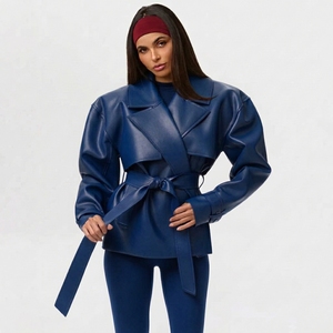 <b>Women's</b> Green Faux Leather Trench <b>Coat</b> Turn Down Collar Long Sleeve <b>Wrap</b> And Tie Belt Jacket - Product Image 5
