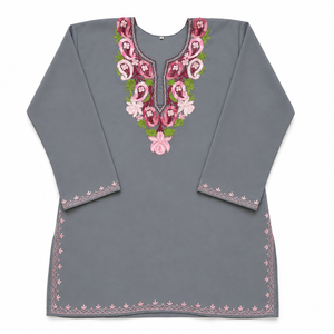 Steel Grey Kashmiri Pheran <b>Kurti</b> with Pink Paisley Embroidery Buy Direct From Designer - Product Image 4