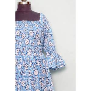 Nuevo Vestido Azul de Verano, Largo, Cuello Cuadrado, Casual, Tejido de Algodón, Mangas Campana, Silueta en A, Estampado Boho, para Fiesta - Product Image 3