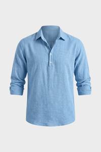 Chemise décontractée élégante bleue pour homme à manches longues en lin et coton, col rabattu uni, boutonnage simple, coupe ajustée pour le quotidien - Product Image 3