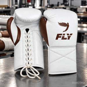 Gants de boxe professionnels en cuir Fly, à lacets, pour adultes, blancs avec accents marron, design respirant - Product Image 5