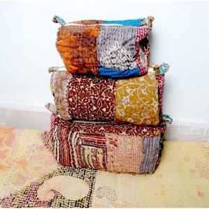 Indian Kantha Hand Block Print Cotton Cosmetic Bag Set with Tassel Zipper Closure Vintage Style-Women's Travel Makeup Pouch - Product Image 1