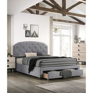 Letto singolo imbottito con testiera trapuntata a bottoni e contenitore, in tessuto di tela grigio chiaro, 1 pezzo - Product Image 1